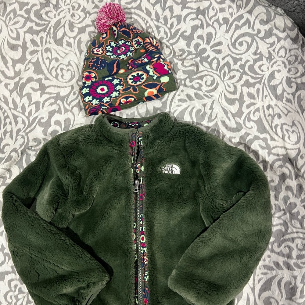 The North Face Olive Fleece Jacket with Vibrant Beanie